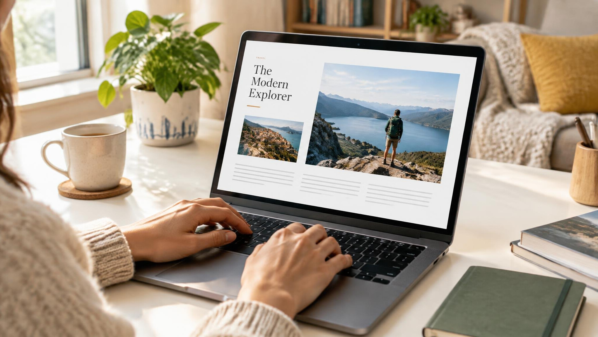 Reader browsing an article on a laptop