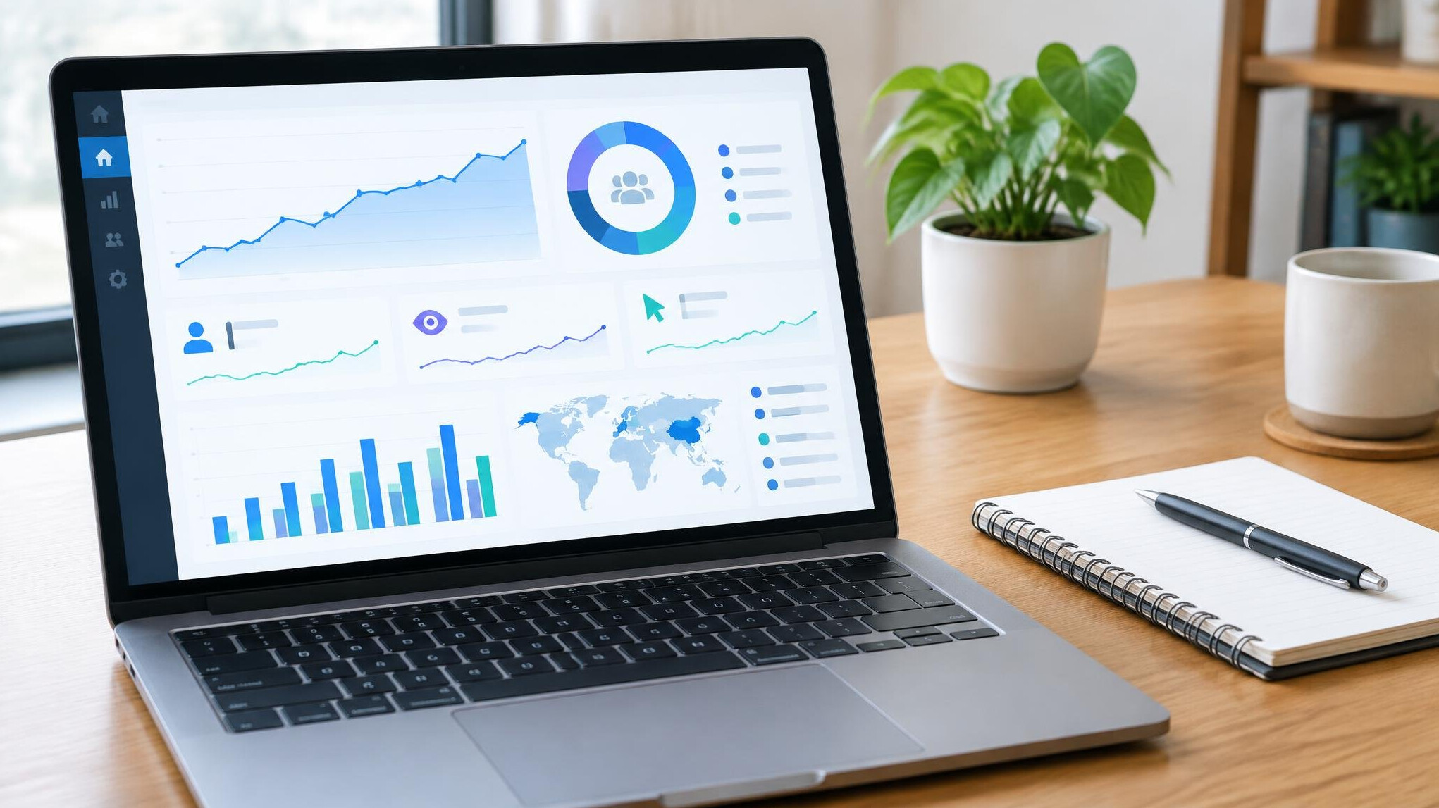 Laptop showing analytics charts on a desk